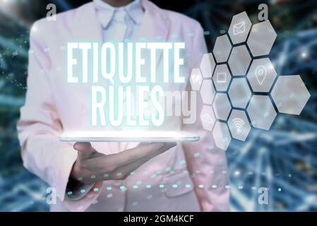 Conceptual display Etiquette Rules. Internet Concept customs that control accepted behaviour in social groups Lady Uniform Standing Tablet Hand Stock Photo