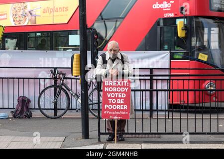 London, UK. 15th Sep, 2021. A protestor seen holding a placard that says 'Brexit: Nobody voted to be poorer.' during the demonstration.Called by SODEM, Stand of Defiance European Movement, a group of anti-brexiters gathered at Westminster to protest the Boris Johnson government. They strive to deliver the message that Brexit was not the will of the people to the incumbent UK government. (Photo by Belinda Jiao/SOPA Images/Sipa USA) Credit: Sipa USA/Alamy Live News Stock Photo