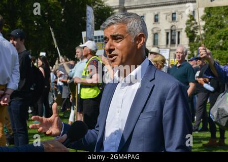London, UK. 16th Sep, 2021. Mayor of London Sadiq Khan is being interviewed at a Leaseholders Together Rally in Parliament Square, during the demonstration.The protest was organized by End Our Cladding Scandal campaign with the National Leasehold Campaign. People protested about restrictions to leasehold rights and cladding crisis issues. (Photo by Thomas Krych/SOPA Images/Sipa USA) Credit: Sipa USA/Alamy Live News Stock Photo