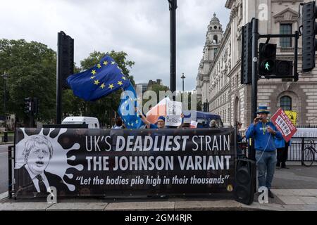 London, UK. 15th Sep, 2021. Protestors hanging a banner that says 'UK's deadliest strain the Johnson variant' and a placard that says 'Boris fails Britain' during the demonstration.Called by SODEM, Stand of Defiance European Movement, a group of anti-brexiters gathered at Westminster to protest the Boris Johnson government. They strive to deliver the message that Brexit was not the will of the people to the incumbent UK government. Credit: SOPA Images Limited/Alamy Live News Stock Photo