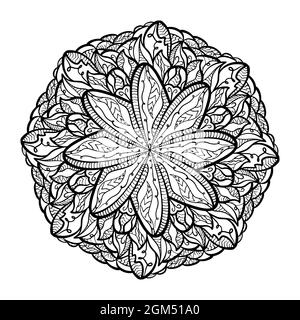 Hand drawn black mandala colouring page vector illustration. Flower abstract boho graphic pattern design for print tattoo coloring children template. Stock Vector