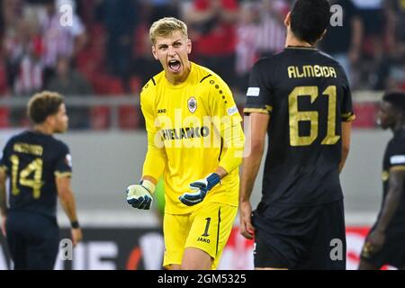 Antwerp's goalkeeper Jean Butez looks dejected during a soccer game between Greek Olympiacos F.C. and Belgian Royal Antwerp FC, Thursday 16 September Stock Photo