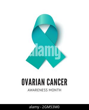 Ovarian cancer awareness ribbon vector illustration isolated on white background. Realistic vector teal silk ribbon with loop Stock Vector