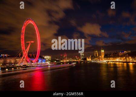 London at twilight. London eye, County Hall, Westminster Bridge, Big Ben and Houses of Parliament. Stock Photo