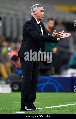 Milan, Italy. 15 September 2021. Carlo Ancelotti, head coach of Real Madrid CF, gestures during the UEFA Champions League football match between FC Internazionale and Real Madrid CF. Credit: Nicolò Campo/Alamy Live News Stock Photo