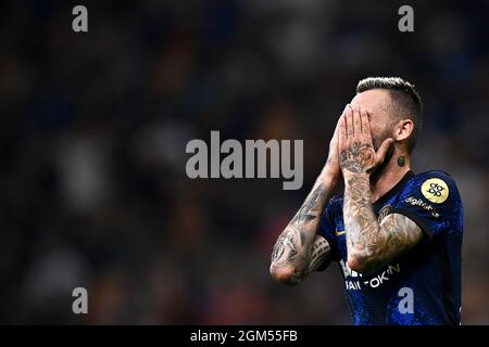 Milan, Italy. 15 September 2021. Marcelo Brozovic of FC Internazionale looks dejected during the UEFA Champions League football match between FC Internazionale and Real Madrid CF. Credit: Nicolò Campo/Alamy Live News Stock Photo