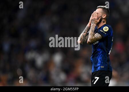 Milan, Italy. 15 September 2021. Marcelo Brozovic of FC Internazionale looks dejected during the UEFA Champions League football match between FC Internazionale and Real Madrid CF. Credit: Nicolò Campo/Alamy Live News Stock Photo