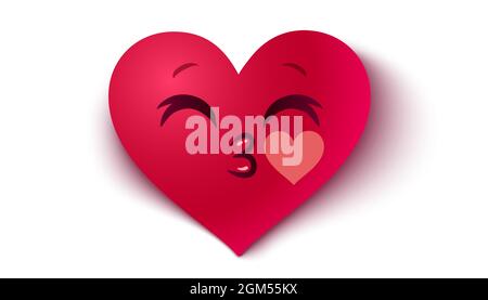 Vector set two cute hearts with smile and kiss. Cute heart in kawaii style for Valentine's day. Stock Vector