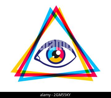 Vector vintage pyramid with eye in 90's style. Vintage vector poster with pyramid and eye. Rainbow pyramid in CMYK style. Stock Vector