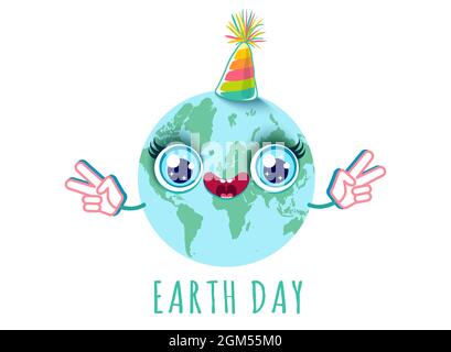 Vector illustration of a planet Earth in kawaii style with birthday hat. Cute cartoon of planet with peace symbol for Earth day. Stock Vector