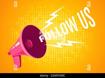 Vector vintage poster with retro pink megaphone on yellow background. Retro megaphone with follow us text on yellow background. Stock Vector