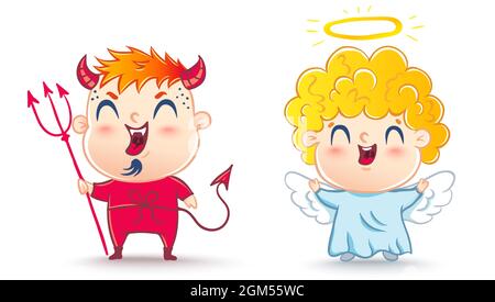 Angel and devil. Good and bad. Children are in costumes angel and devil. Stock Vector