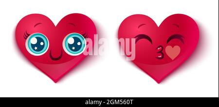 Vector set two cute hearts with smile and kiss. Cute heart in kawaii style for Valentine's day. Stock Vector