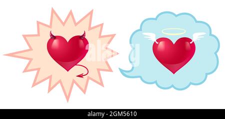 Devil and angel hearts on comic bubbles. Two hearts for Valentines day. Stock Vector