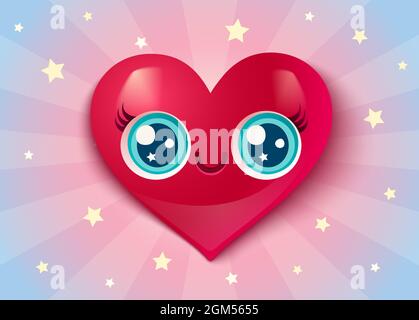 Vector cute heart on pink abstract background with stars. Cute heart in kawaii style for Valentine's day. Stock Vector