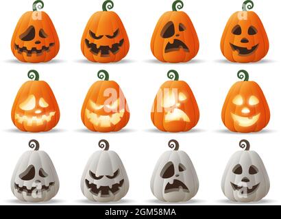 Halloween Jack O Lantern pumpkins set - orange, white and glowing cute pumpkin isolated on transparent background Stock Vector
