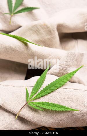 Hemp cloth with leaves, closeup Stock Photo
