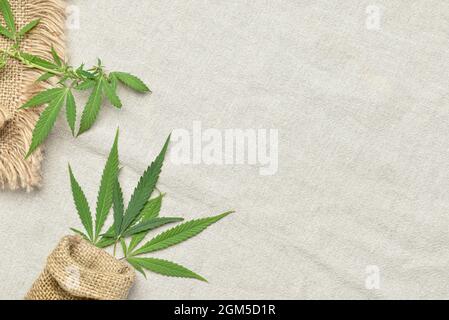 Hemp cloth with leaves, top view Stock Photo