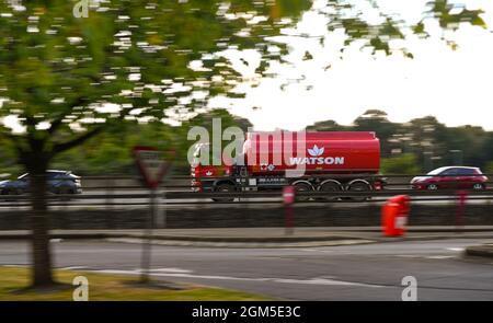 Watsons dangerous liquid tanker lorry driving on the M27 near Southampton. Stock Photo