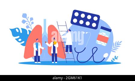Doctor people team doing medical study or science research on human lung. Respiratory system specialist concept. Isolated flu disease illustration in Stock Vector