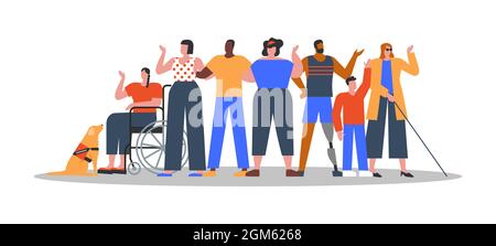 Group of diverse people in modern flat cartoon style with disabled characters. Handicap or special ability social inclusion concept on isolated backgr Stock Vector