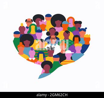 Big group of people faces together making speech balloon shape. Diverse friend team conversation concept, community chat or social topic cartoon on is Stock Vector