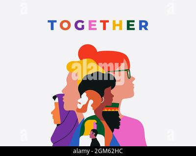 Together colorful quote illustration with diverse people faces. Ethnic character team flat cartoon design for unity or community help concept. Stock Vector