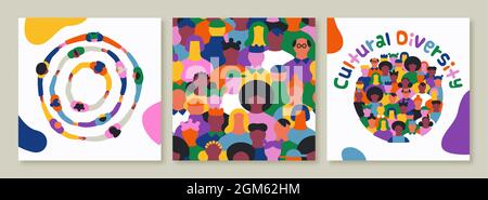 Diverse people banner illustration collection with social crowd seamless pattern. Colorful ethnic friend group holding hands and cultural diversity qu Stock Vector