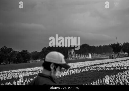 A man works at installing some of the 660,000 white flags, representing the number of US lives lost to Covid-19, on the National Mall in Washington, DC, Thursday, September 16, 2021. The project, by artist Suzanne Brennan Firstenberg, titled âIn America: Rememberâ, will be on display September 17, 2021 through October 3, 2021. Credit: Rod Lamkey/CNP Stock Photo