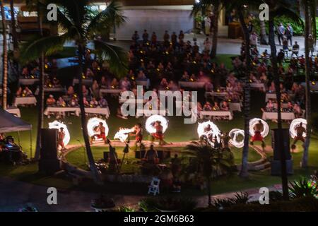 Luau and a fire dance performance at a resort on Oahu, Hawaii Stock Photo