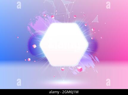 Abstract pink and blue vaporwave styled background with shiny neon frame, brush stroke, halftone blot and triangular dotted grid. Stock Vector