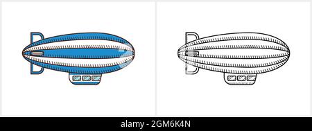Blimp coloring page for kids. Vintage Zeppelin Stock Vector