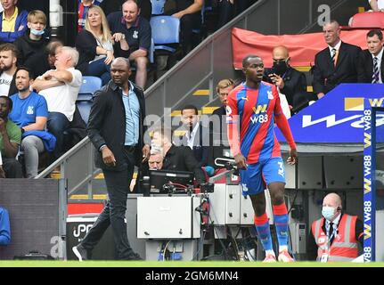 LONDON, ENGLAND - SEPTEMBER 11, 2021: Palace Manager Patrick Vieira and Tyrick Kwon Mitchell of Palace pictured during the 2021/22 Premier League matchweek 4 game between Crystal Palace FC and Tottenham Hotspur FC at Selhurst Park. Copyright: Cosmin Iftode/Picstaff Stock Photo