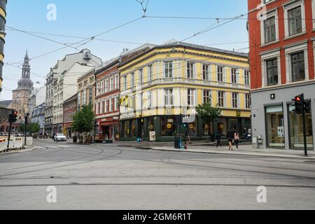 Oslo, Norway. September 2021. the outdorr view of a Mc Donald's  fast food restaurant in the city center Stock Photo