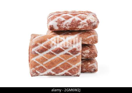 Stack of gingerbread cookies with fruit filling isolated on white Stock Photo