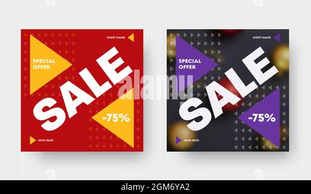 Design of square vector web banner for big sale and discounts with yellow and purple triangles and place for photo. Layout template for posting on soc Stock Vector