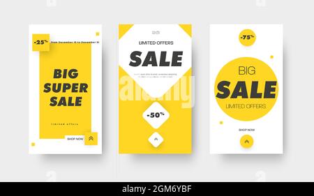 Stories social media vector banner design for big sale with different color geometric shapes. White modern discount template Stock Vector