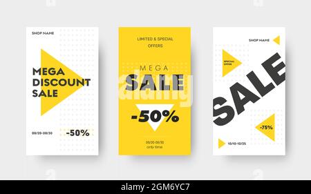 Design of vector social media banners for big sale with yellow and white triangles. Universal story template for a mobile application. Discount Set Stock Vector