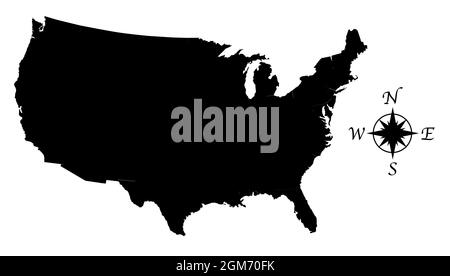 An outline map of TheUnited States of America in black silhouette style with compass points Stock Photo