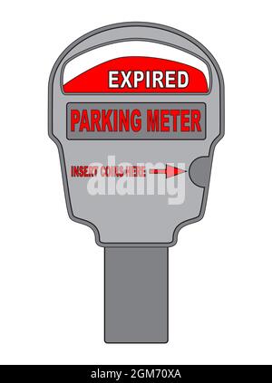 Old style vehicle parking meter displaying a violation expired notice isolated on a white background Stock Photo