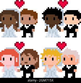 Pixel couples of diverse men and women getting married - vector, isolated Stock Vector