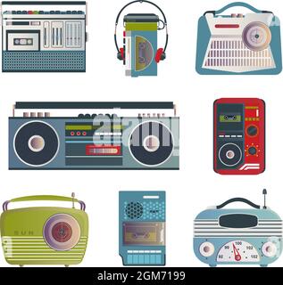 Retro media icons. Set of vector illustrations on the theme of retro music. Radio receivers, tape recorder, player, recorder in retro style. Stock Vector