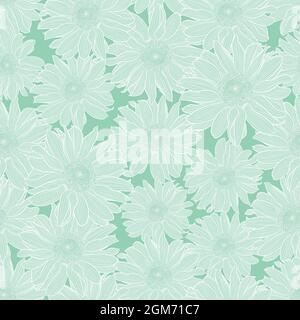 Vector seamless pattern of chamomile flowers in light green pastel colors with white outline. Decorative print for wallpaper, wrapping, textile, fashion fabric or other printable covers. Stock Vector