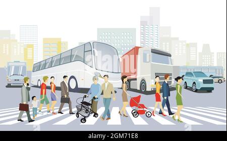 City with road traffic, apartment buildings and pedestrians on the zebra crossing Illustration Stock Vector
