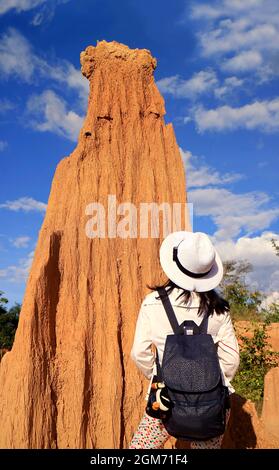 Visitor Being Impressed by the Rock Formation of Lalu, Thailand's Canyon in Ta Phraya National Park, Sa Kaeo Province, Thailand Stock Photo