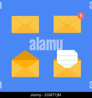 Opened and closed golden yellow envelope flat design vector illustration set. Stock Vector