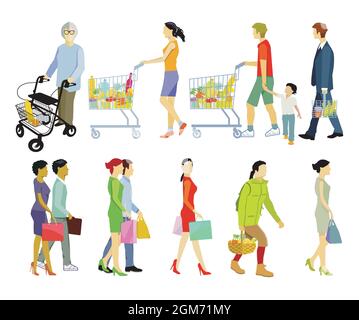 People shopping, isolated on white illustration Stock Vector
