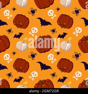Seamless pattern with pumpkins, candles, spiders, bats and skulls. Halloween festive autumn decoration. October holiday background Stock Vector