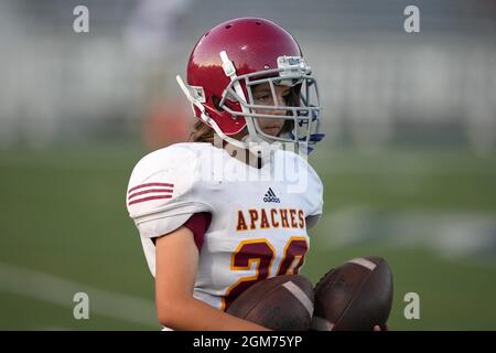 Arcadia Apaches kicker Victoria Kenworthy (28) during a high school football game against La Salle Spartans, Thursday, Sept. 16, 2021, in Pasadena, Ca Stock Photo