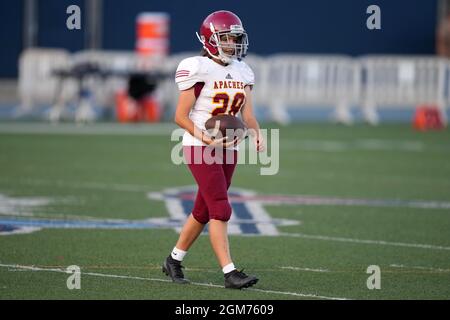 Arcadia Apaches kicker Victoria Kenworthy (28) during a high school football game against La Salle Spartans, Thursday, Sept. 16, 2021, in Pasadena, Ca Stock Photo